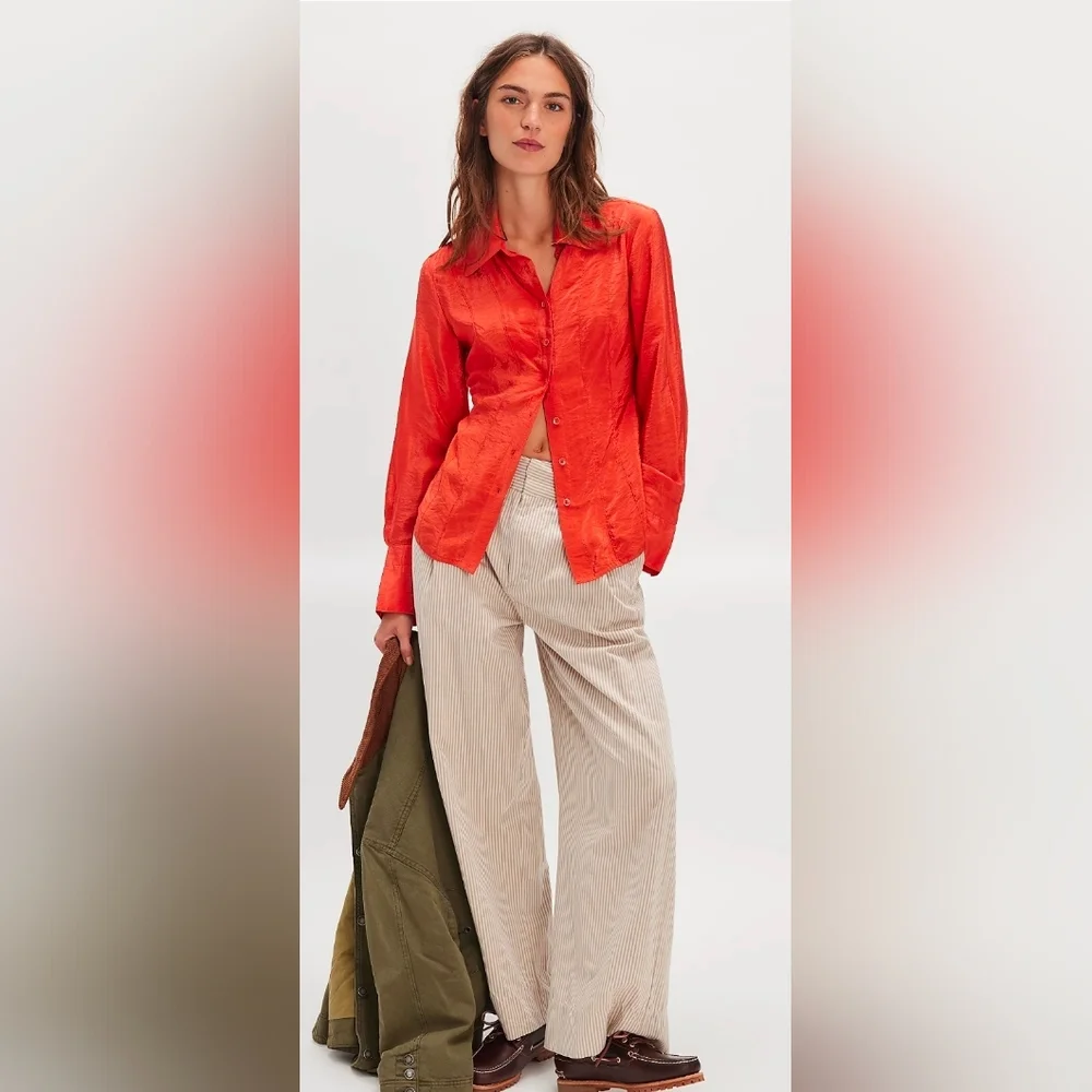 Free People Something Silky Button Up Shirt In Cherry Tomato Red